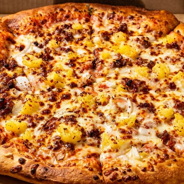A whole pizza with pineapple, bacon, and onions in a cardboard delivery box.