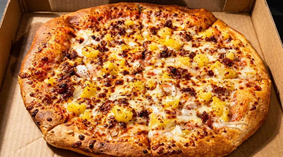 A whole pizza with pineapple, bacon, and onions in a cardboard delivery box.
