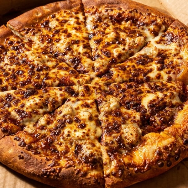A freshly baked, sliced cheese pizza with a golden-brown crust sits in a cardboard delivery box.