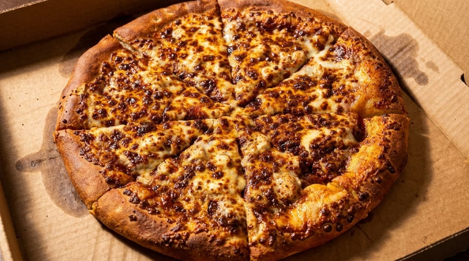 A freshly baked, sliced cheese pizza with a golden-brown crust sits in a cardboard delivery box.